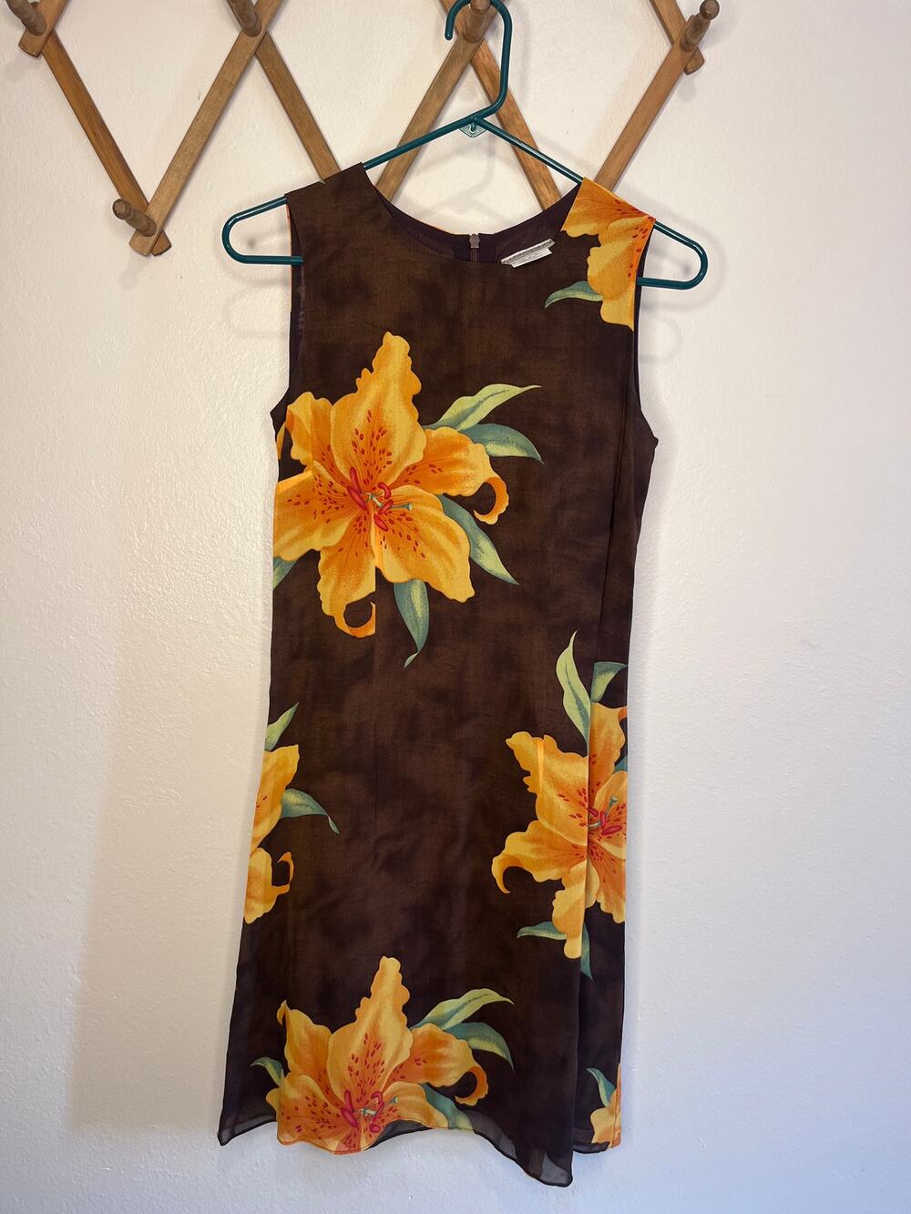 Vintage Coldwater Creek Brown Yellow Lily Floral Rayon Mini Dress Womens 0 USA